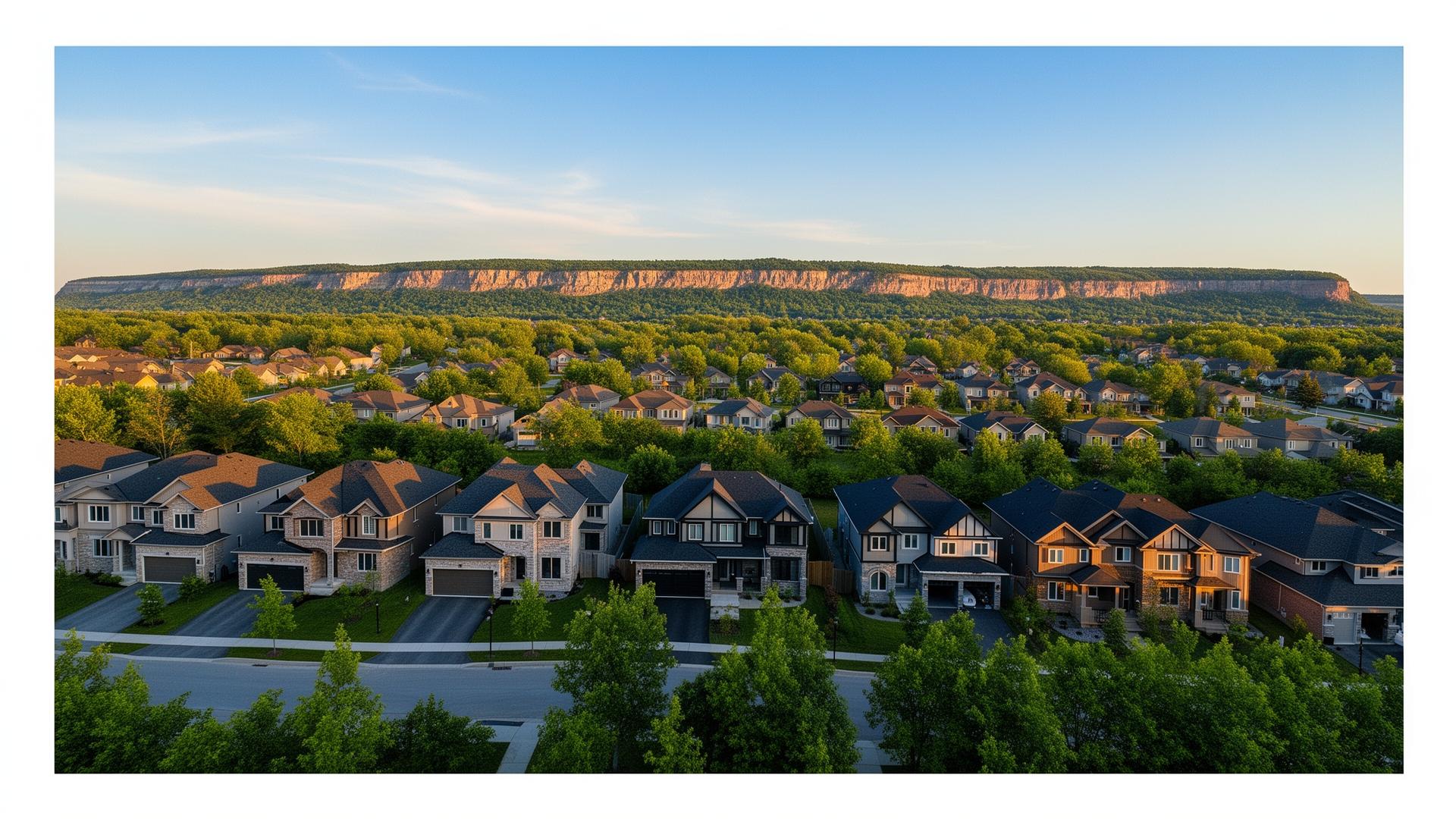 On The Ridge Stoney Creek community – scenic Niagara Escarpment view with new townhomes and detached homes by Rosehaven Homes