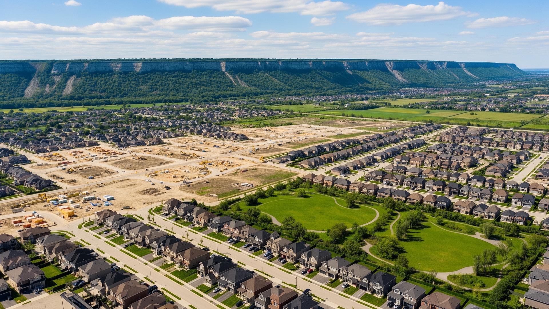 Aerial view of On The Ridge community in Stoney Creek Hamilton – new townhomes and detached homes by Rosehaven Homes along the Niagara Escarpment